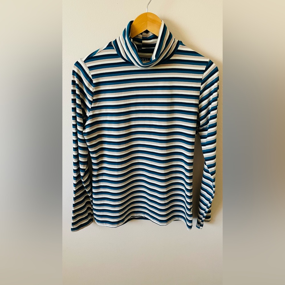Cute blue, tan, and cream striped turtleneck